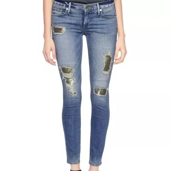 True Religion Casey Low Rise Super Skinny Jean in Blue with Gold Sequins Size 27